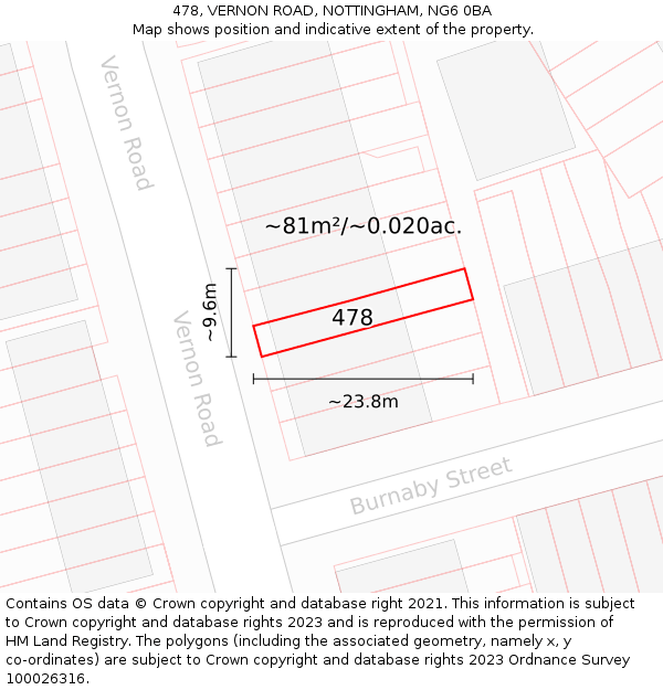 478, VERNON ROAD, NOTTINGHAM, NG6 0BA: Plot and title map