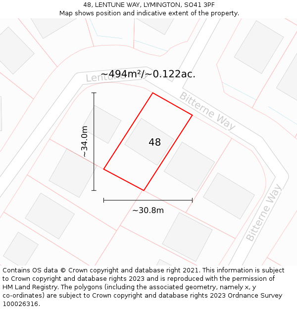 48, LENTUNE WAY, LYMINGTON, SO41 3PF: Plot and title map