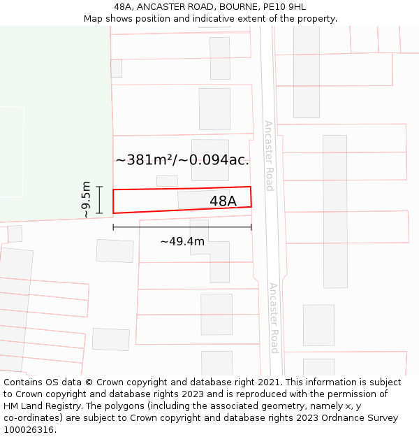 48A, ANCASTER ROAD, BOURNE, PE10 9HL: Plot and title map