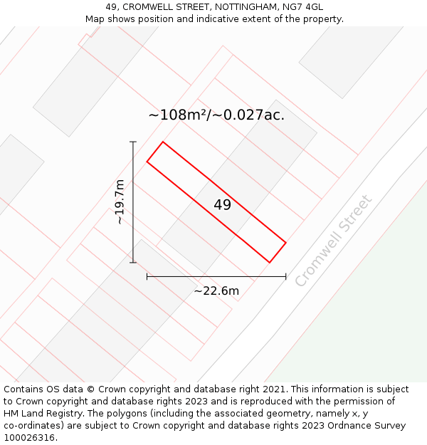 49, CROMWELL STREET, NOTTINGHAM, NG7 4GL: Plot and title map