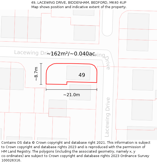 49, LACEWING DRIVE, BIDDENHAM, BEDFORD, MK40 4UP: Plot and title map