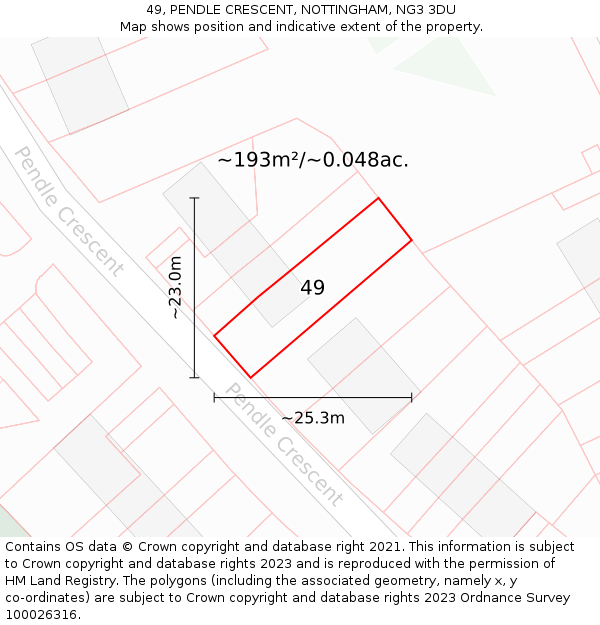 49, PENDLE CRESCENT, NOTTINGHAM, NG3 3DU: Plot and title map