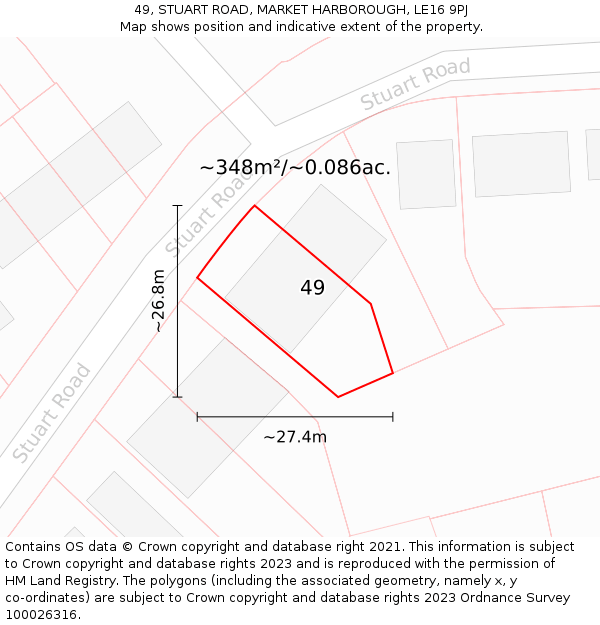 49, STUART ROAD, MARKET HARBOROUGH, LE16 9PJ: Plot and title map