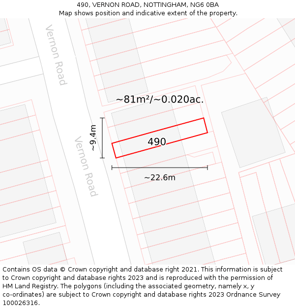 490, VERNON ROAD, NOTTINGHAM, NG6 0BA: Plot and title map