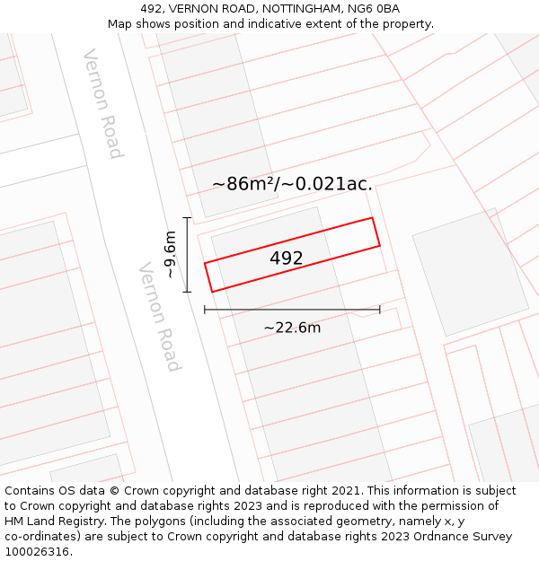 492, VERNON ROAD, NOTTINGHAM, NG6 0BA: Plot and title map