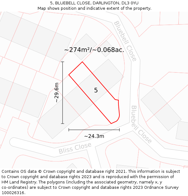 5, BLUEBELL CLOSE, DARLINGTON, DL3 0YU: Plot and title map