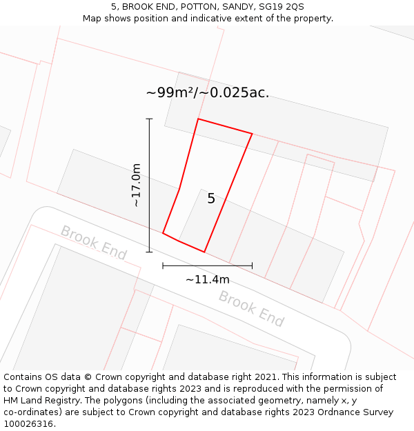 5, BROOK END, POTTON, SANDY, SG19 2QS: Plot and title map