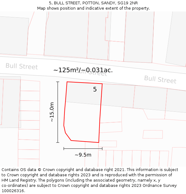 5, BULL STREET, POTTON, SANDY, SG19 2NR: Plot and title map