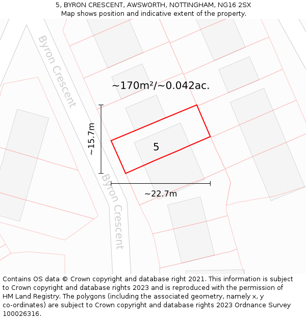 5, BYRON CRESCENT, AWSWORTH, NOTTINGHAM, NG16 2SX: Plot and title map
