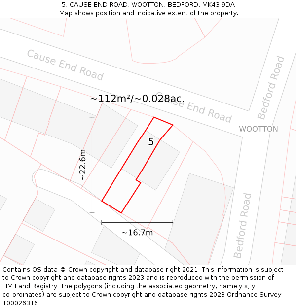 5, CAUSE END ROAD, WOOTTON, BEDFORD, MK43 9DA: Plot and title map