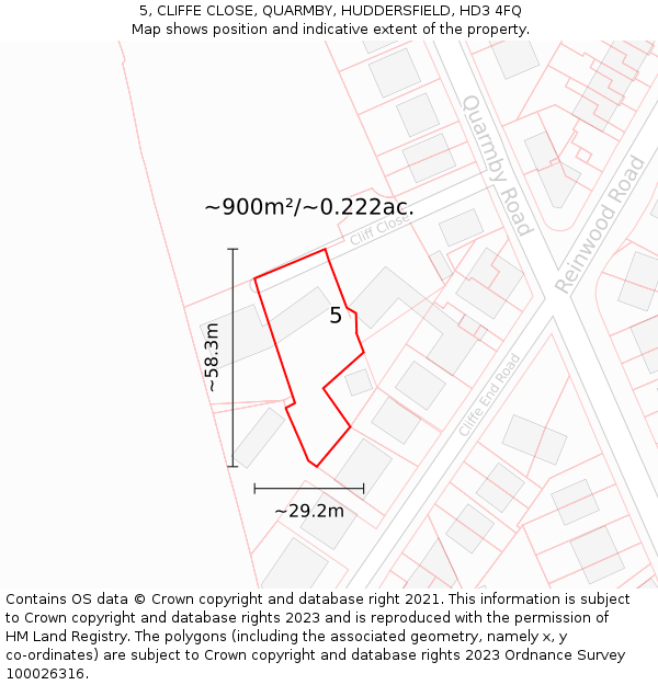 5, CLIFFE CLOSE, QUARMBY, HUDDERSFIELD, HD3 4FQ: Plot and title map