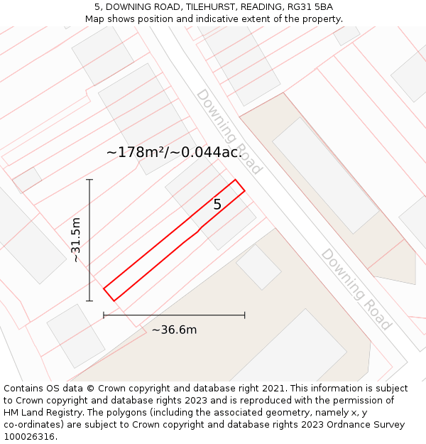 5, DOWNING ROAD, TILEHURST, READING, RG31 5BA: Plot and title map