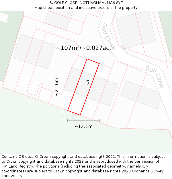 5, GOLF CLOSE, NOTTINGHAM, NG6 8YZ: Plot and title map