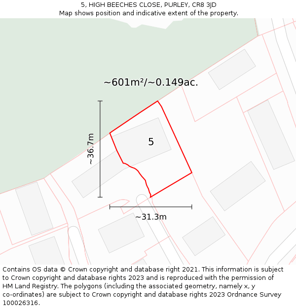 5, HIGH BEECHES CLOSE, PURLEY, CR8 3JD: Plot and title map