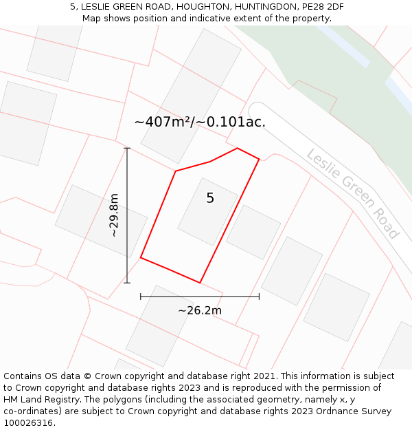 5, LESLIE GREEN ROAD, HOUGHTON, HUNTINGDON, PE28 2DF: Plot and title map