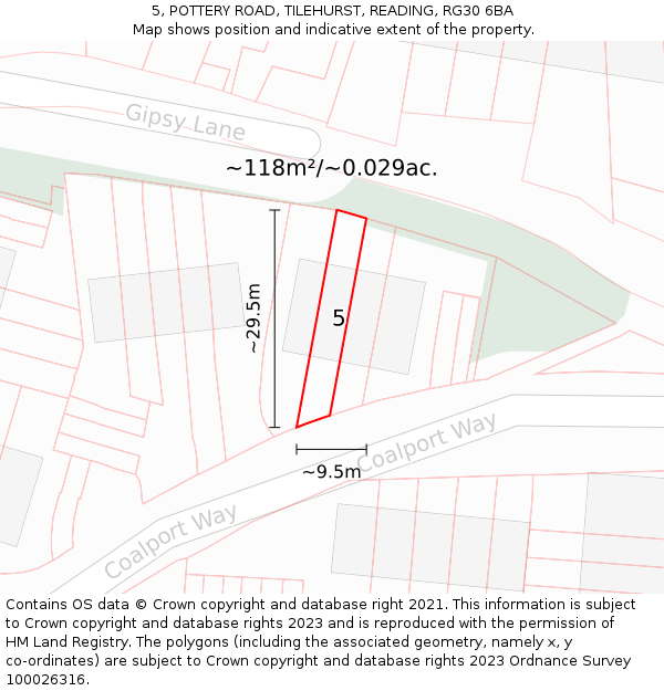 5, POTTERY ROAD, TILEHURST, READING, RG30 6BA: Plot and title map