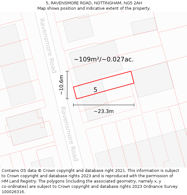 5, RAVENSMORE ROAD, NOTTINGHAM, NG5 2AH: Plot and title map