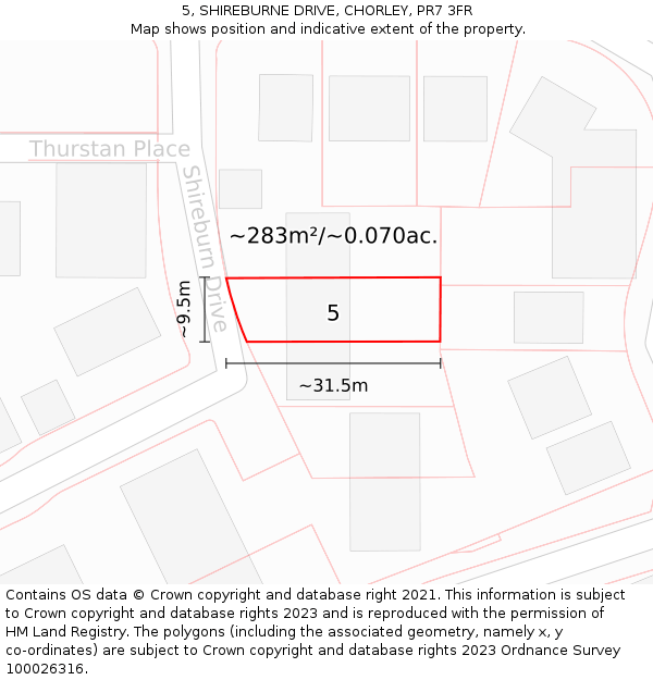 5, SHIREBURNE DRIVE, CHORLEY, PR7 3FR: Plot and title map