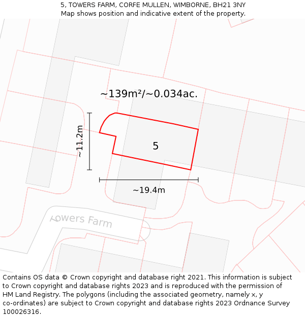 5, TOWERS FARM, CORFE MULLEN, WIMBORNE, BH21 3NY: Plot and title map