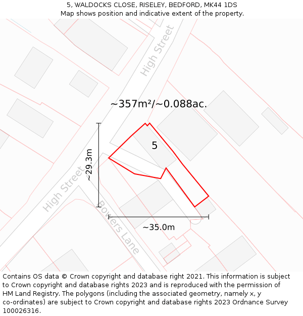 5, WALDOCKS CLOSE, RISELEY, BEDFORD, MK44 1DS: Plot and title map