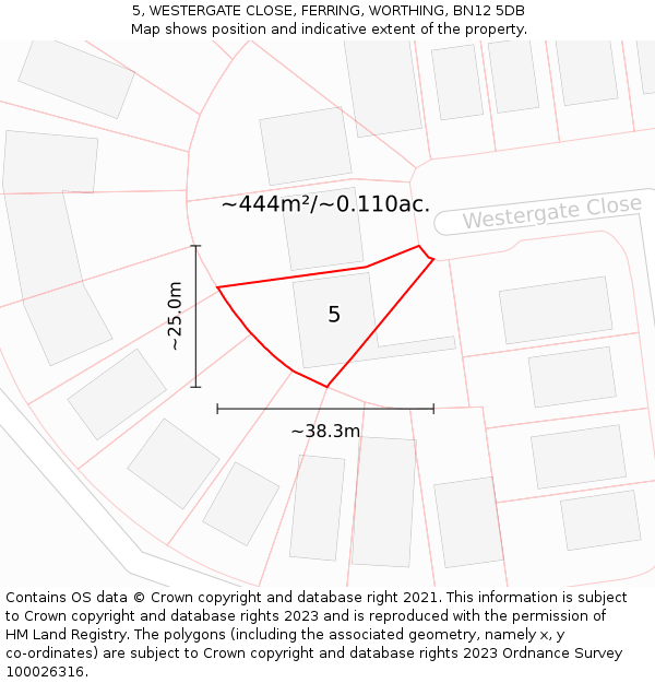 5, WESTERGATE CLOSE, FERRING, WORTHING, BN12 5DB: Plot and title map