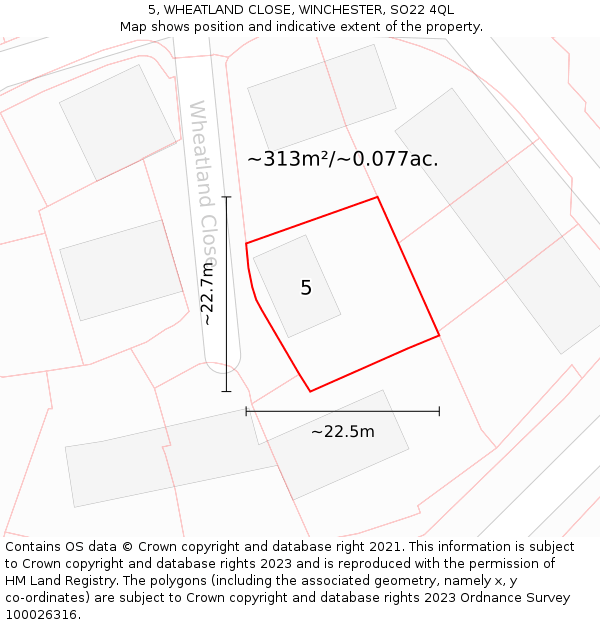 5, WHEATLAND CLOSE, WINCHESTER, SO22 4QL: Plot and title map