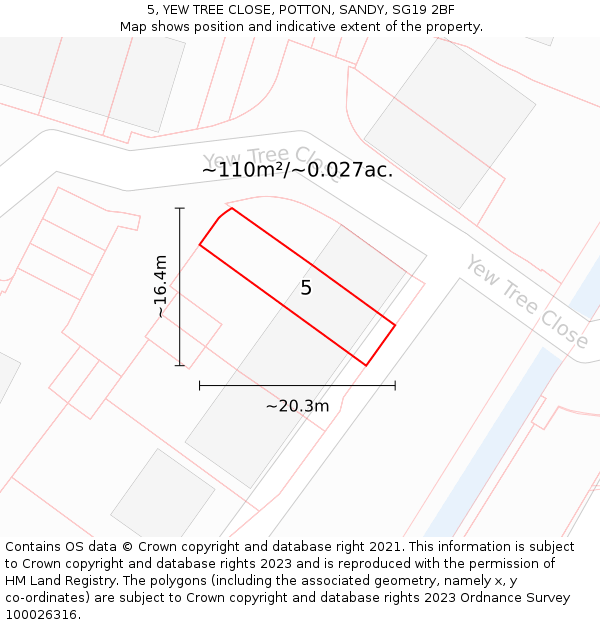 5, YEW TREE CLOSE, POTTON, SANDY, SG19 2BF: Plot and title map