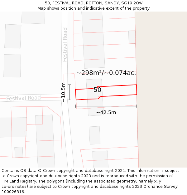 50, FESTIVAL ROAD, POTTON, SANDY, SG19 2QW: Plot and title map