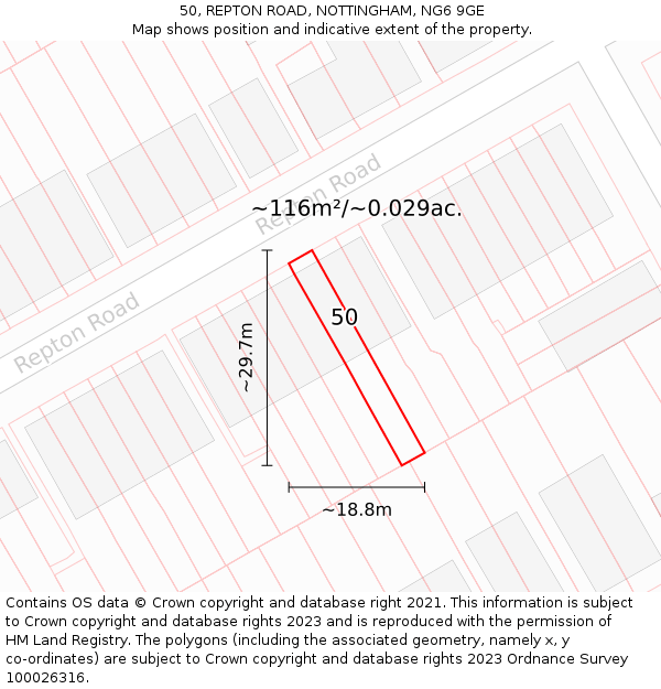 50, REPTON ROAD, NOTTINGHAM, NG6 9GE: Plot and title map