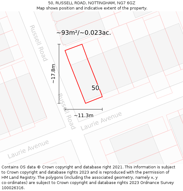50, RUSSELL ROAD, NOTTINGHAM, NG7 6GZ: Plot and title map