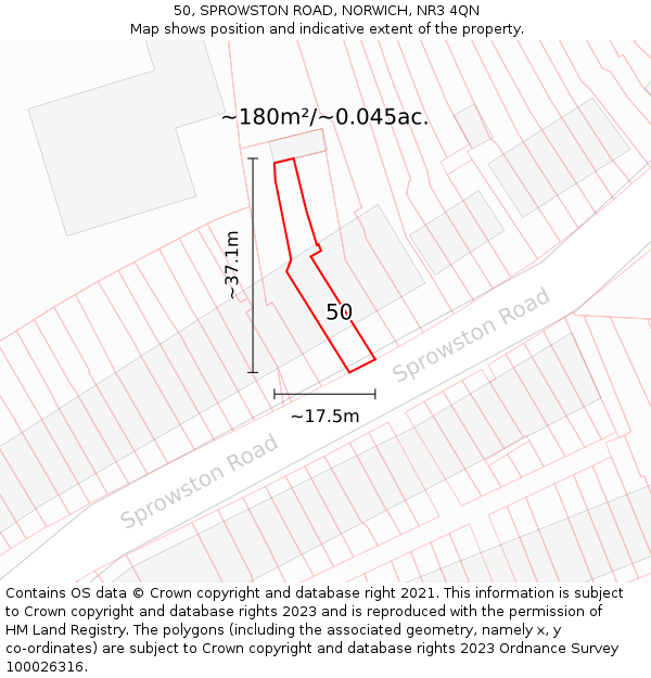 50, SPROWSTON ROAD, NORWICH, NR3 4QN: Plot and title map
