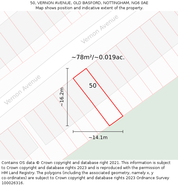 50, VERNON AVENUE, OLD BASFORD, NOTTINGHAM, NG6 0AE: Plot and title map