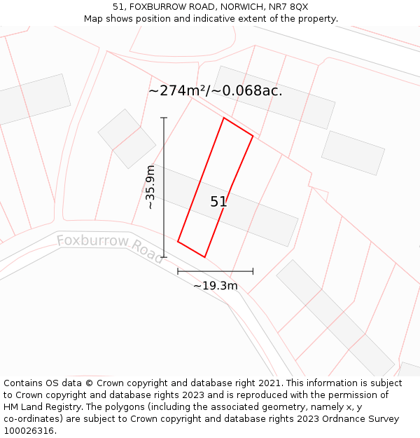 51, FOXBURROW ROAD, NORWICH, NR7 8QX: Plot and title map