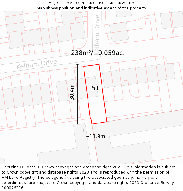 51, KELHAM DRIVE, NOTTINGHAM, NG5 1RA: Plot and title map