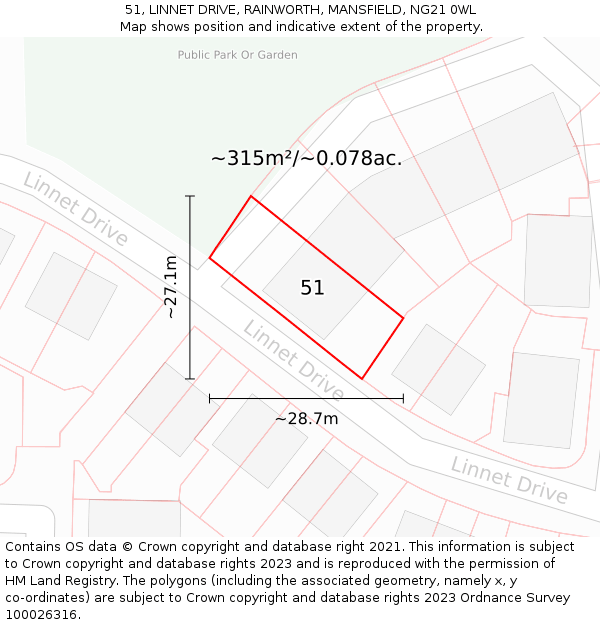 51, LINNET DRIVE, RAINWORTH, MANSFIELD, NG21 0WL: Plot and title map