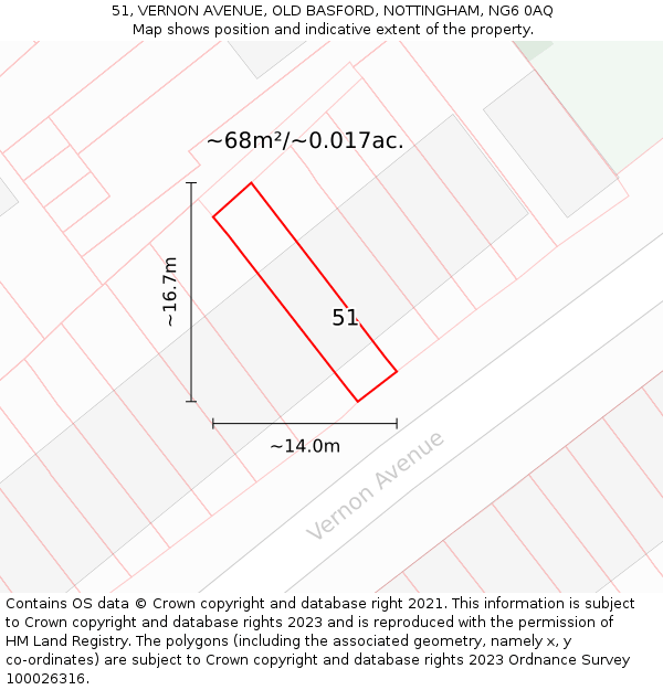 51, VERNON AVENUE, OLD BASFORD, NOTTINGHAM, NG6 0AQ: Plot and title map