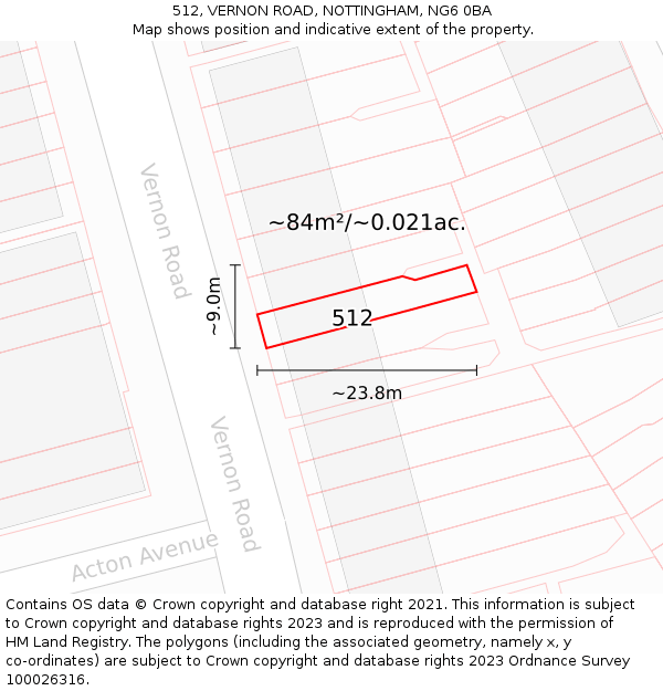 512, VERNON ROAD, NOTTINGHAM, NG6 0BA: Plot and title map