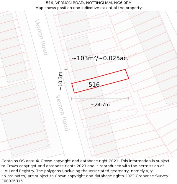 516, VERNON ROAD, NOTTINGHAM, NG6 0BA: Plot and title map