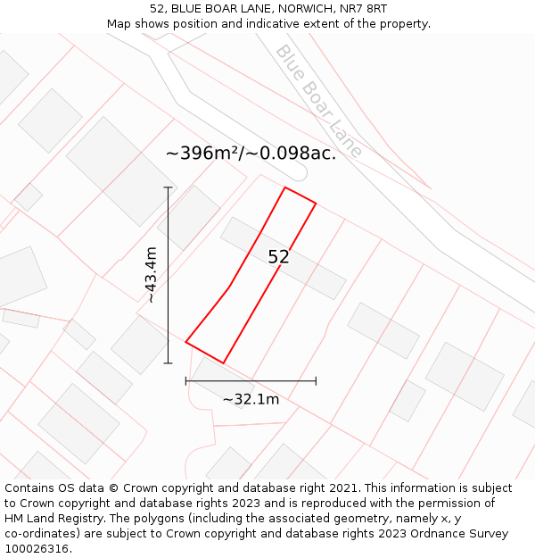 52, BLUE BOAR LANE, NORWICH, NR7 8RT: Plot and title map