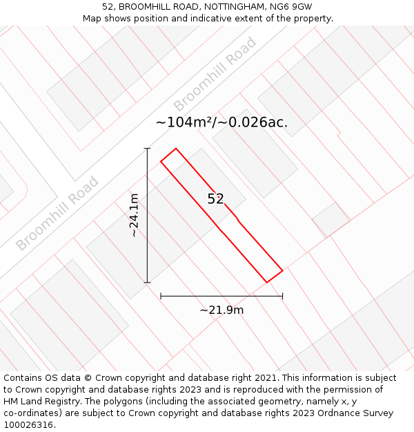 52, BROOMHILL ROAD, NOTTINGHAM, NG6 9GW: Plot and title map