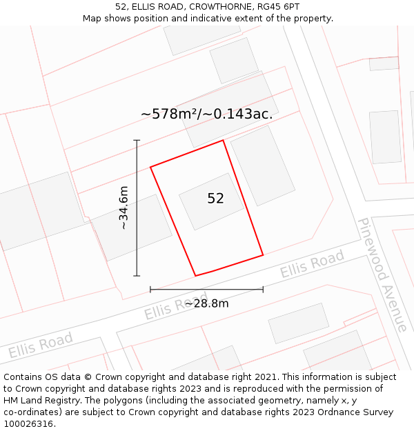 52, ELLIS ROAD, CROWTHORNE, RG45 6PT: Plot and title map