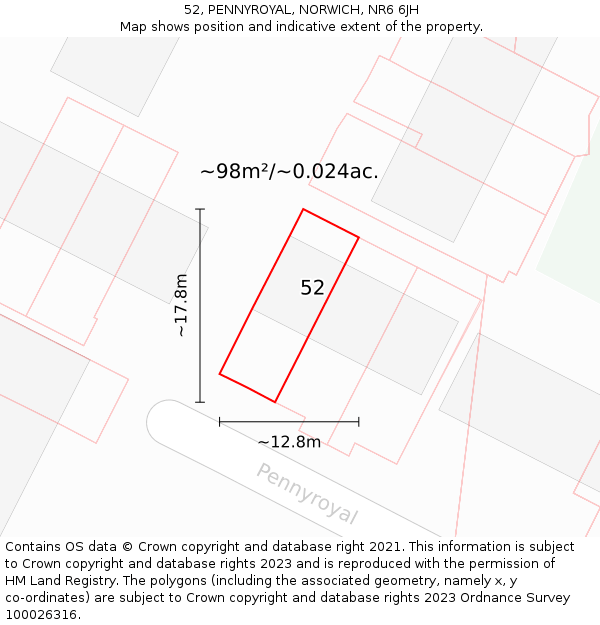52, PENNYROYAL, NORWICH, NR6 6JH: Plot and title map