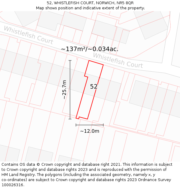 52, WHISTLEFISH COURT, NORWICH, NR5 8QR: Plot and title map