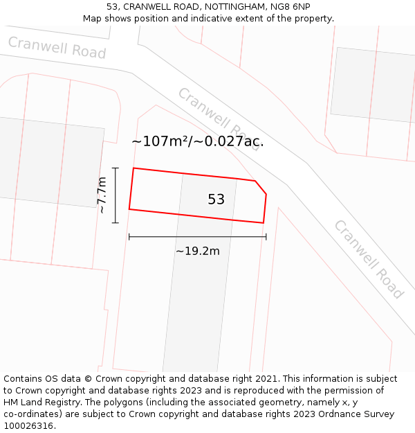 53, CRANWELL ROAD, NOTTINGHAM, NG8 6NP: Plot and title map