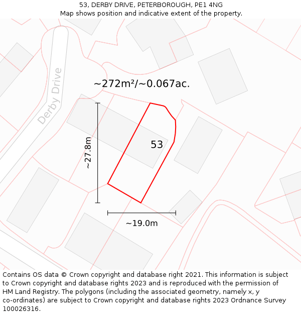 53, DERBY DRIVE, PETERBOROUGH, PE1 4NG: Plot and title map