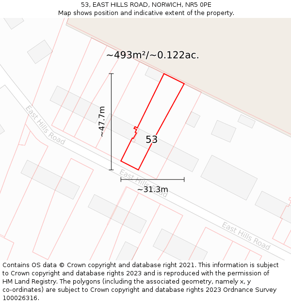 53, EAST HILLS ROAD, NORWICH, NR5 0PE: Plot and title map