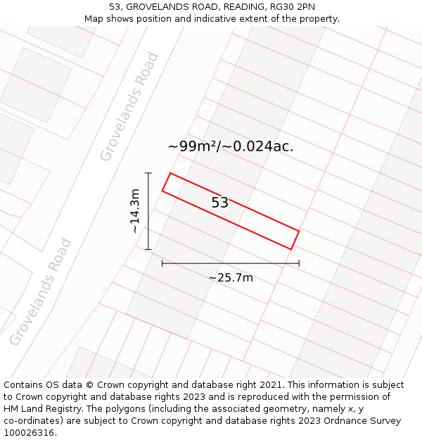 53, GROVELANDS ROAD, READING, RG30 2PN: Plot and title map