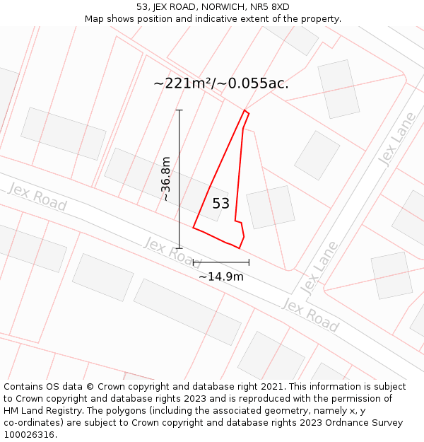 53, JEX ROAD, NORWICH, NR5 8XD: Plot and title map