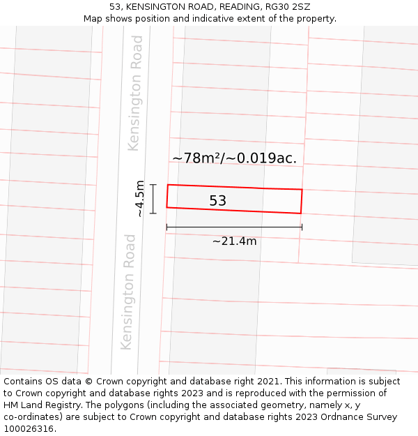 53, KENSINGTON ROAD, READING, RG30 2SZ: Plot and title map
