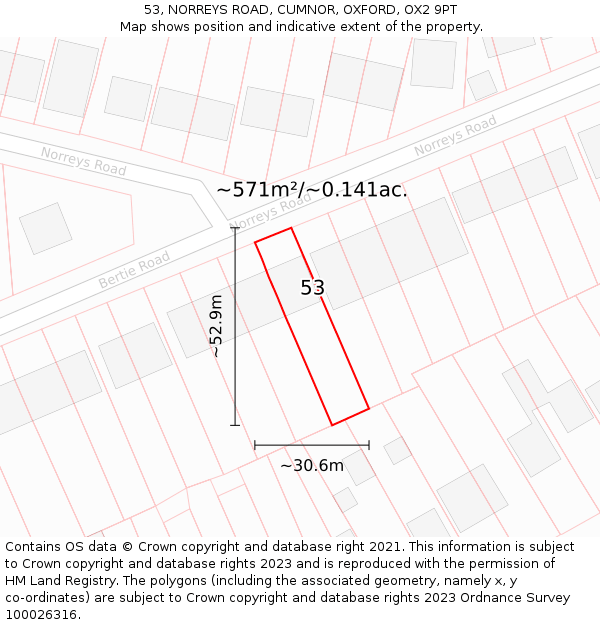 53, NORREYS ROAD, CUMNOR, OXFORD, OX2 9PT: Plot and title map